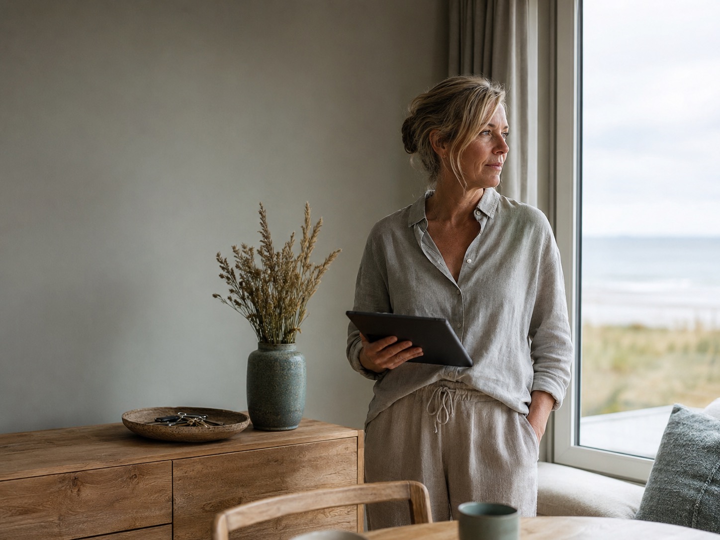 Frau mit Tablet blickt aus dem Fenster einer Ferienwohnung; Favorent bietet Ferienwohnungsmanagement.