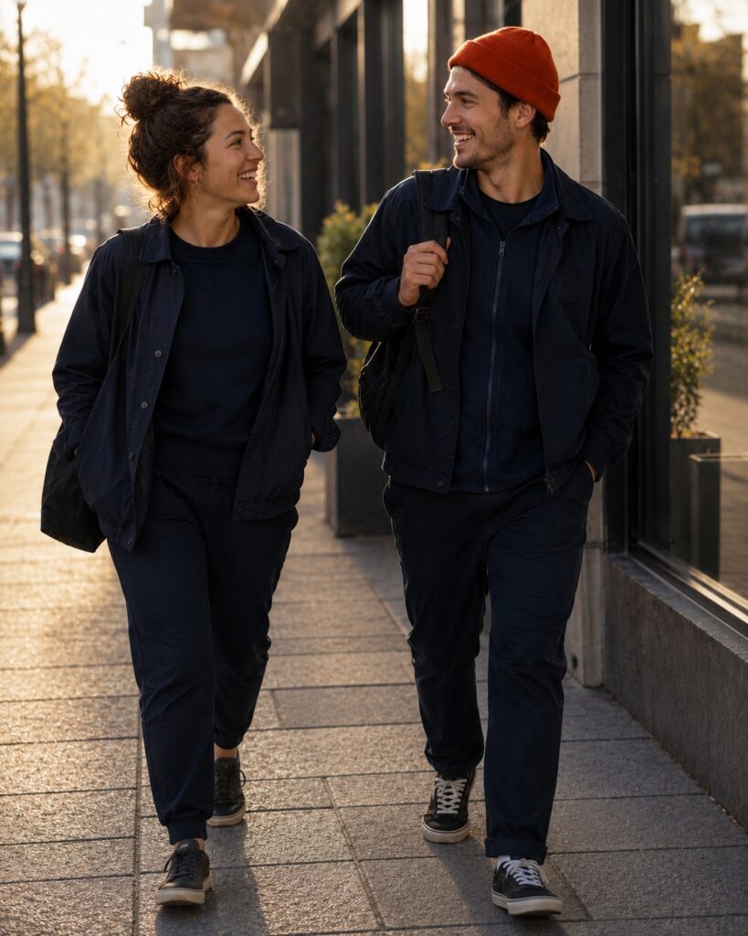 Junge Frau und Mann mit orangefarbener Mütze gehen lächelnd nebeneinander an einer modernen Hausfassade entlang.