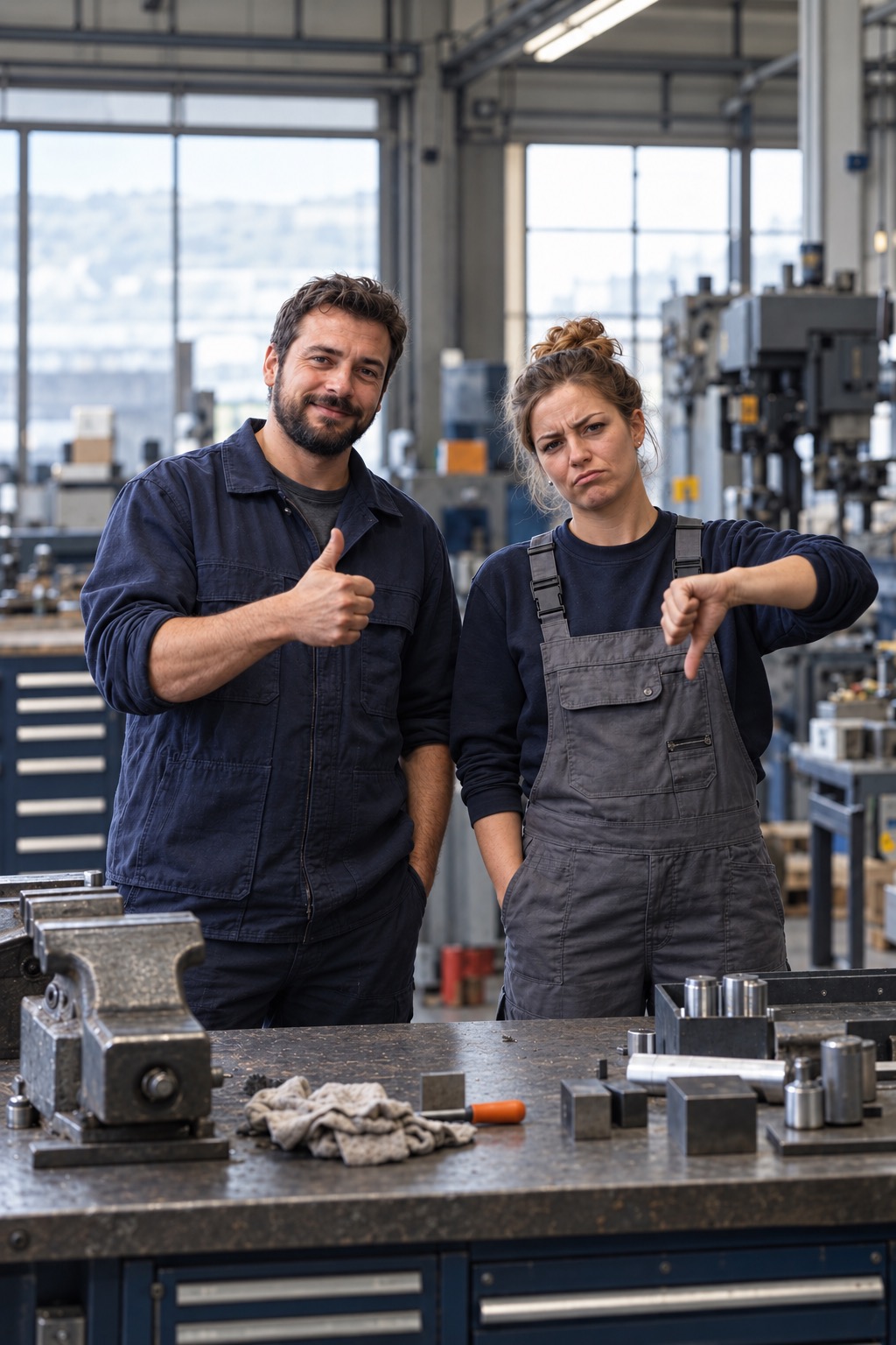 Lächelnder Arbeiter mit Daumen nach oben neben einer skeptischen Arbeiterin mit Daumen nach unten in einer Werkhalle.